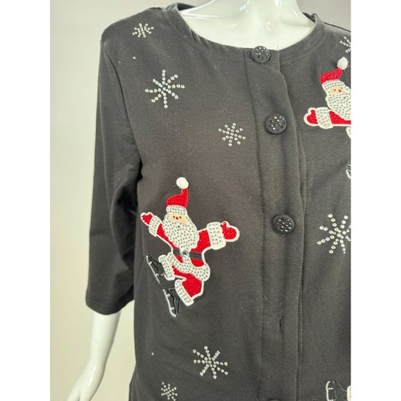 Onque Casual Vintage Skating Santa Cardigan Small Black Cotton Missing Button - Picture 12 of 16